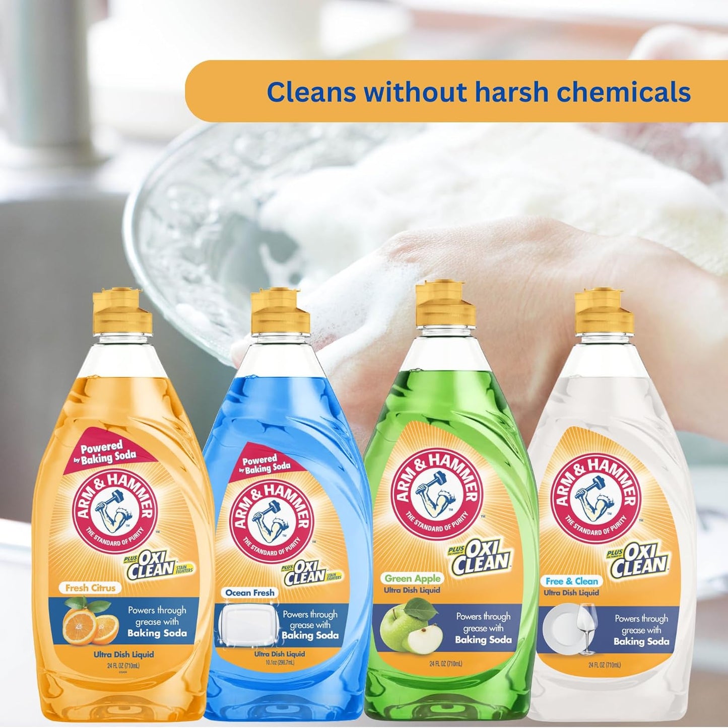 Arm & Hammer Ultra Dish Soap Variety Pack, 4-Pack (24oz Each) – Citrus, Ocean Fresh, Crisp Apple & Free & Clear – Powerful Grease Cleaning, Fresh Scents