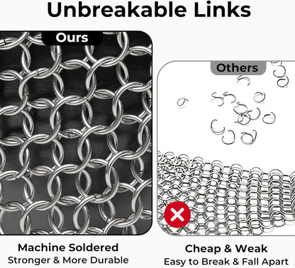 Amagabeli Cast Iron Cleaner 8"x6" Premium Stainless Steel Chainmail Scrubber Cast Iron Skillet Cleaner for Pan Pot Wok Griddles BBQ Grills Cast Iron Cleaning