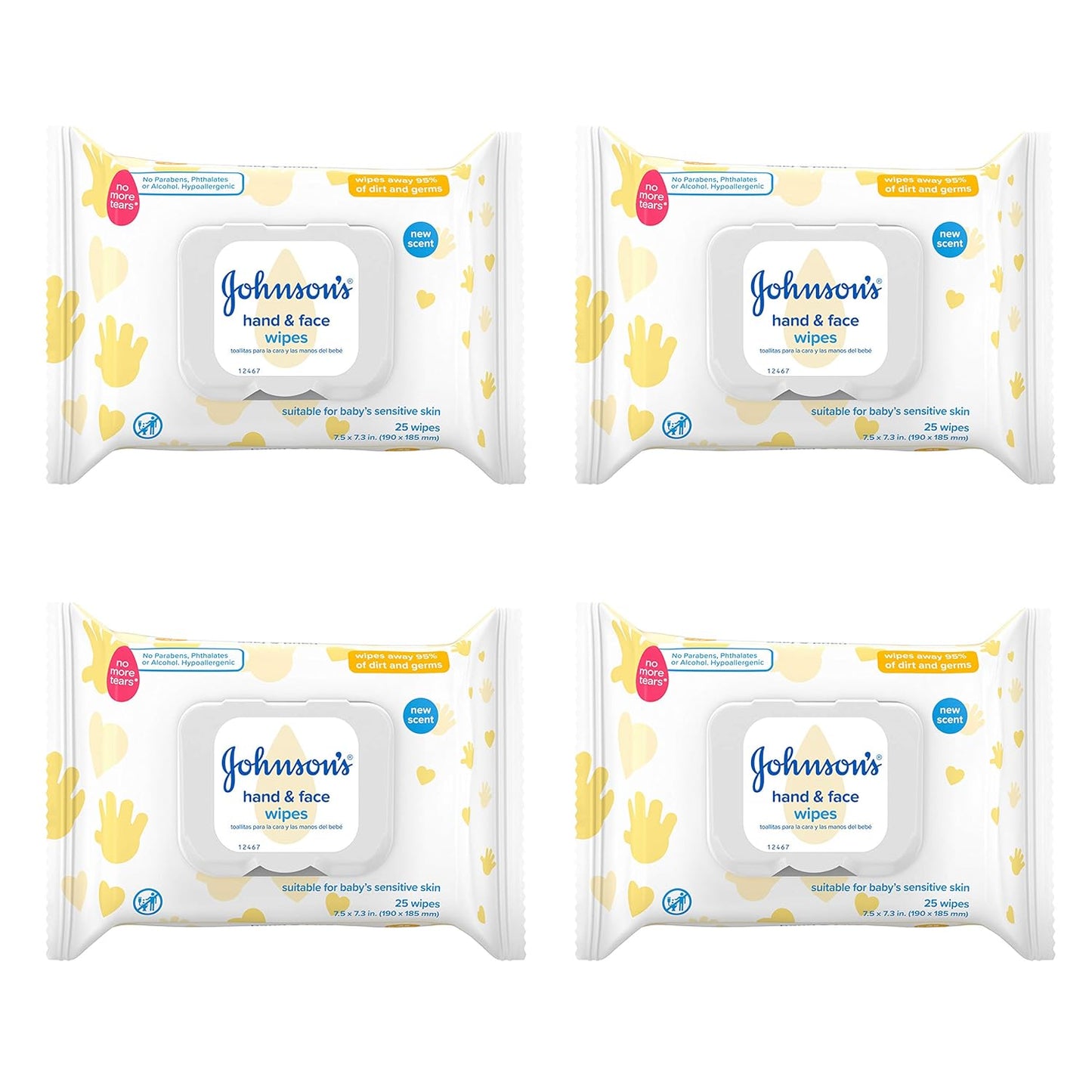 Johnson's Baby Hand & Face Baby Sanitizing Cleansing Wipes for Travel and On-The-Go, No More Tears Formula, Paraben and Alcohol Free, 25 ct, Case of 4