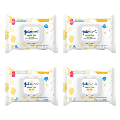 Johnson's Baby Hand & Face Baby Sanitizing Cleansing Wipes for Travel and On-The-Go, No More Tears Formula, Paraben and Alcohol Free, 25 ct, Case of 4