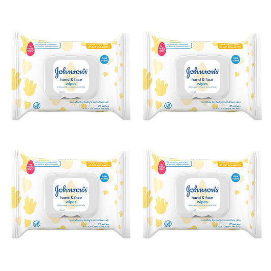 Johnson's Baby Hand & Face Baby Sanitizing Cleansing Wipes for Travel and On-The-Go, No More Tears Formula, Paraben and Alcohol Free, 25 ct, Case of 4