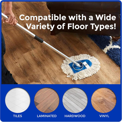 Nine Forty Heavy Duty, Industrial-Strength Cotton Wedge Dust Mop Head w/ Handle - Home & Commercial Hardwood Floor Cleaning - Designed for High-Performance Janitorial & Housekeeping Tasks
