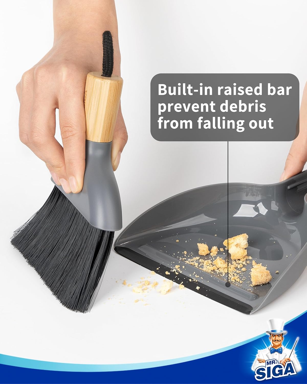 MR.SIGA Mini Dustpan and Brush Set, Portable Cleaning Brush and Dustpan Combo with Bamboo Handle, Black, 1 Set