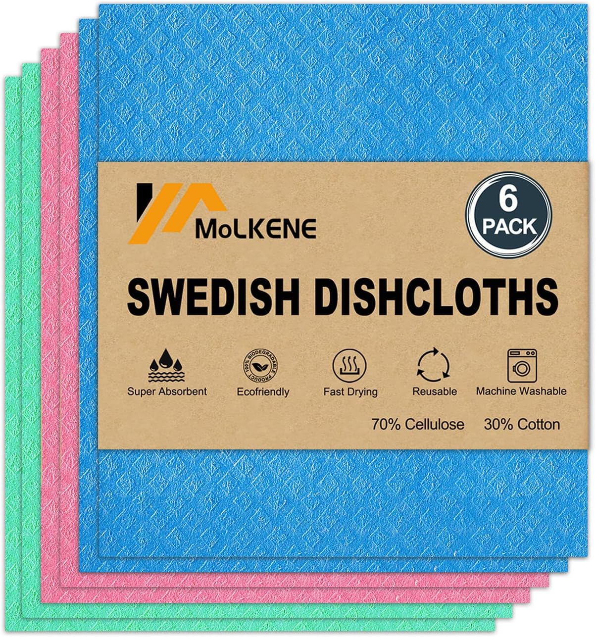 MoLKENE Swedish Dish Cloths - 10 Pack Reusable Kitchen Dishcloths - Ultra Absorbent Dish Towels for Washing Dishes - Cellulose Sponge Cloth Cleaning Rag - Assorted