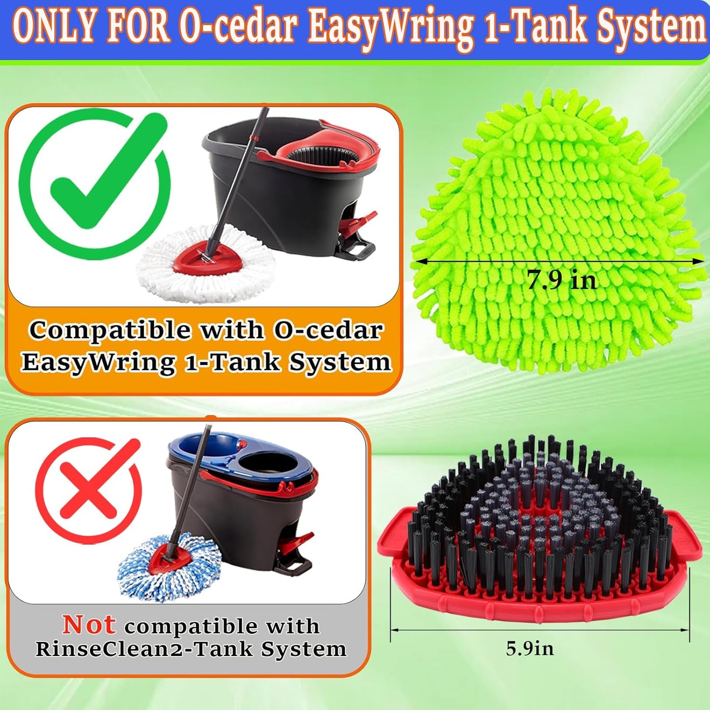 Mop Scrub Brush Replacement Head for Ocedar Easywring 1 Tank System, 2 Shower Floor Scrubber Hard Bristle Cleaning Brush, 1 Microfiber Chenille Pad Head for O Cedar Spin Mop