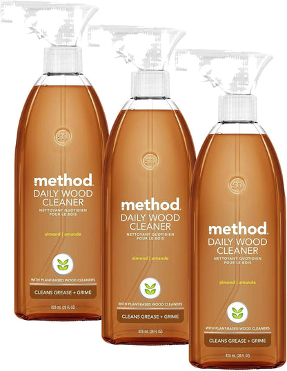 Method Daily Wood Cleaner, Almond, Cleans Shelves, Tables and Other Wooden Surfaces While Removing Dust & Grime, 28 oz Spray Bottles, (Pack of 1)