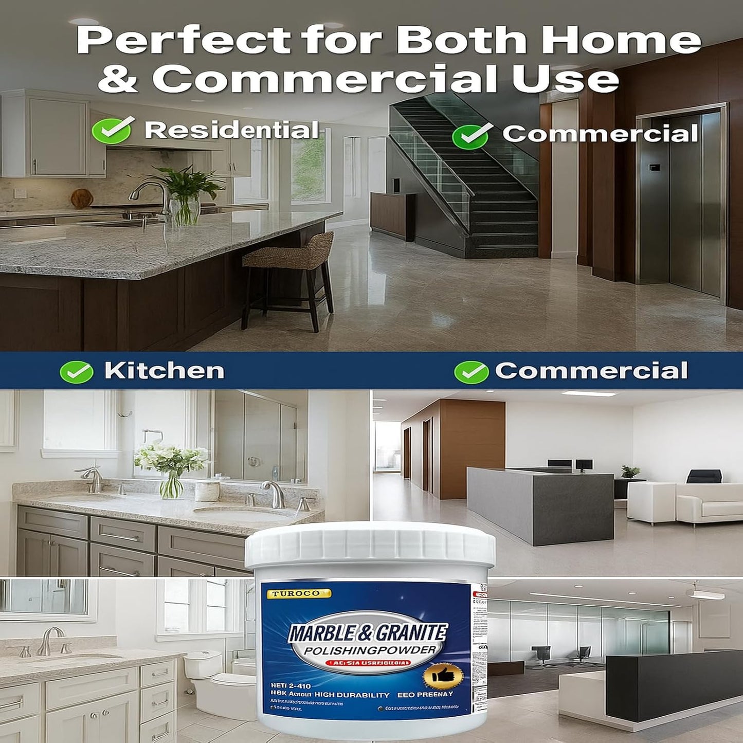 Professional Marble Polishing Powder 2.2LB – Stone Surface Cleaner, Scratch Reducer & Shine Restorer – for Marble, Granite & Quartz Countertops, Floors & Bathrooms