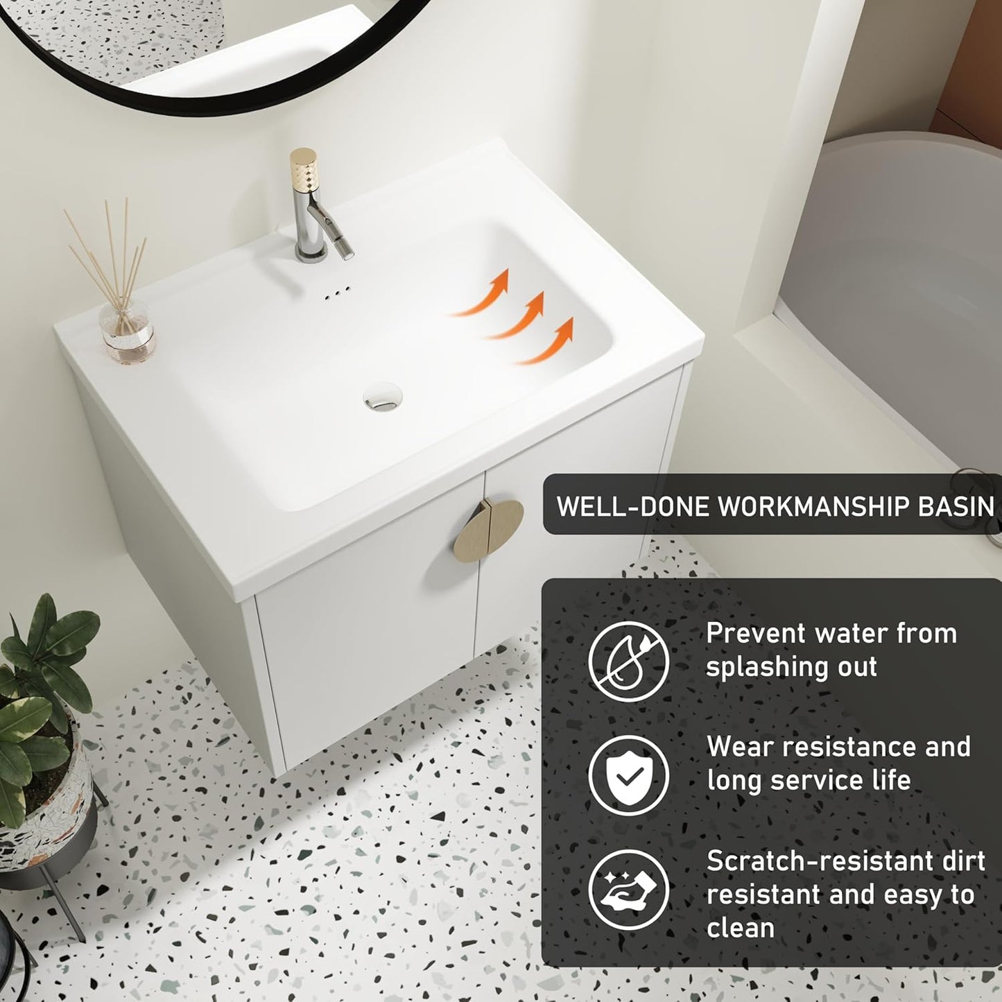 SSLine Modern 24-Inch Bathroom Vanity with Sink Wall Mounted Bathroom Vanity with Top Basin & Storage Cabinet White Wood Floating Vanity w/Ceramic Sink & Gold/Black Handles for Small Space