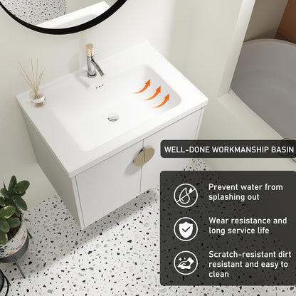 SSLine Modern 24-Inch Bathroom Vanity with Sink Wall Mounted Bathroom Vanity with Top Basin & Storage Cabinet White Wood Floating Vanity w/Ceramic Sink & Gold/Black Handles for Small Space