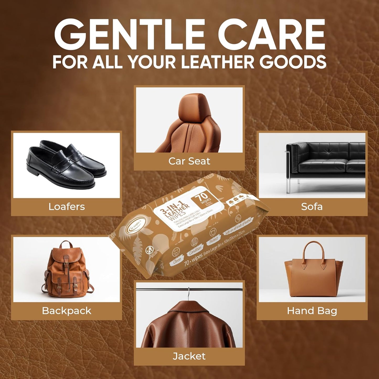 Air Jungles 3in1 Leather Cleaner Wipes 70 Count (Pack of 3), Extra Large 8" x 10" Size, Clean Condition Protect Wipes for Vinyl and Leather Apparel Furniture Auto Car Interior Shoes Boots Bags