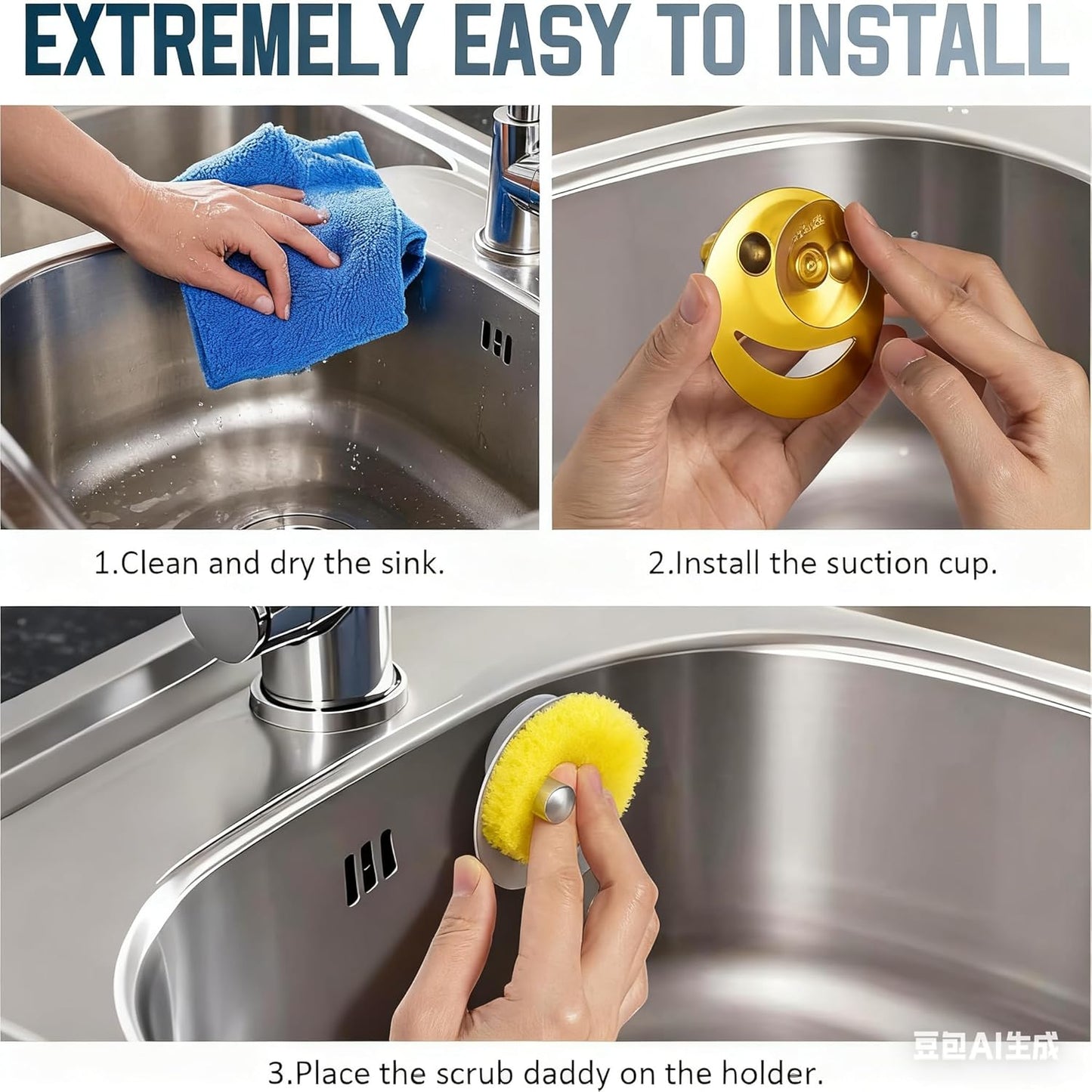 2 Pack Stainless Steel Smiley Face Dish Sponge Holder, Silver Sink Caddy Organizer Storage with Suction Cup for Kitchen, Kitchen Accessories Decor Scrubber-Silver
