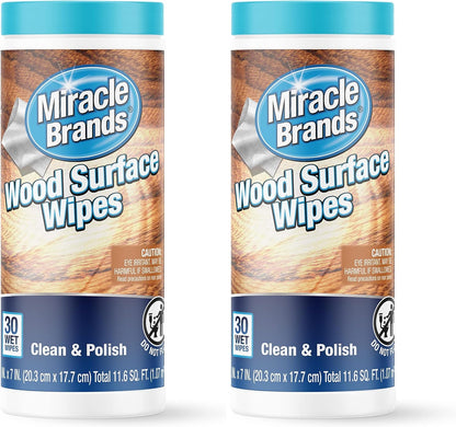 MiracleWipes for Wood Surfaces, Remove Dirt and Grime Buildup, Clean, Protect, and Polish Cabinets, Furniture, and Wood Floors, Great for Kitchen and Bathroom Cleaning Support - 30 Count