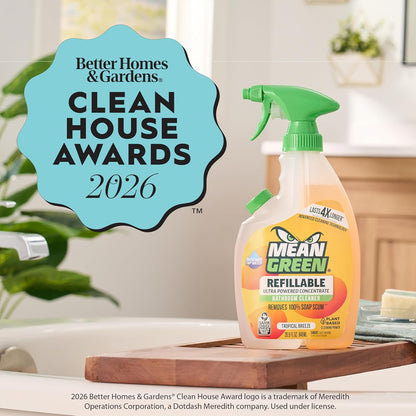 Mean Green Refillable Ultra Powered Bathroom Cleaner Concentrate, Tropical Breeze, 14.3 fl oz – Plant & Mineral Based, Removes 100% of Soap Scum, Refillable Bottle Makes 4X Refills