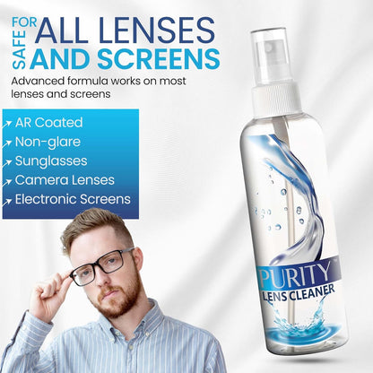 Purity Eyeglass Lens Cleaner Kit - 2 x 8oz and 1 x 2oz Lens Cleaner Spray Bottle + 2 Microfiber Cleaning Cloths - Safe for All Lenses (AR Coated Included), Eyeglasses and Screens - Clear