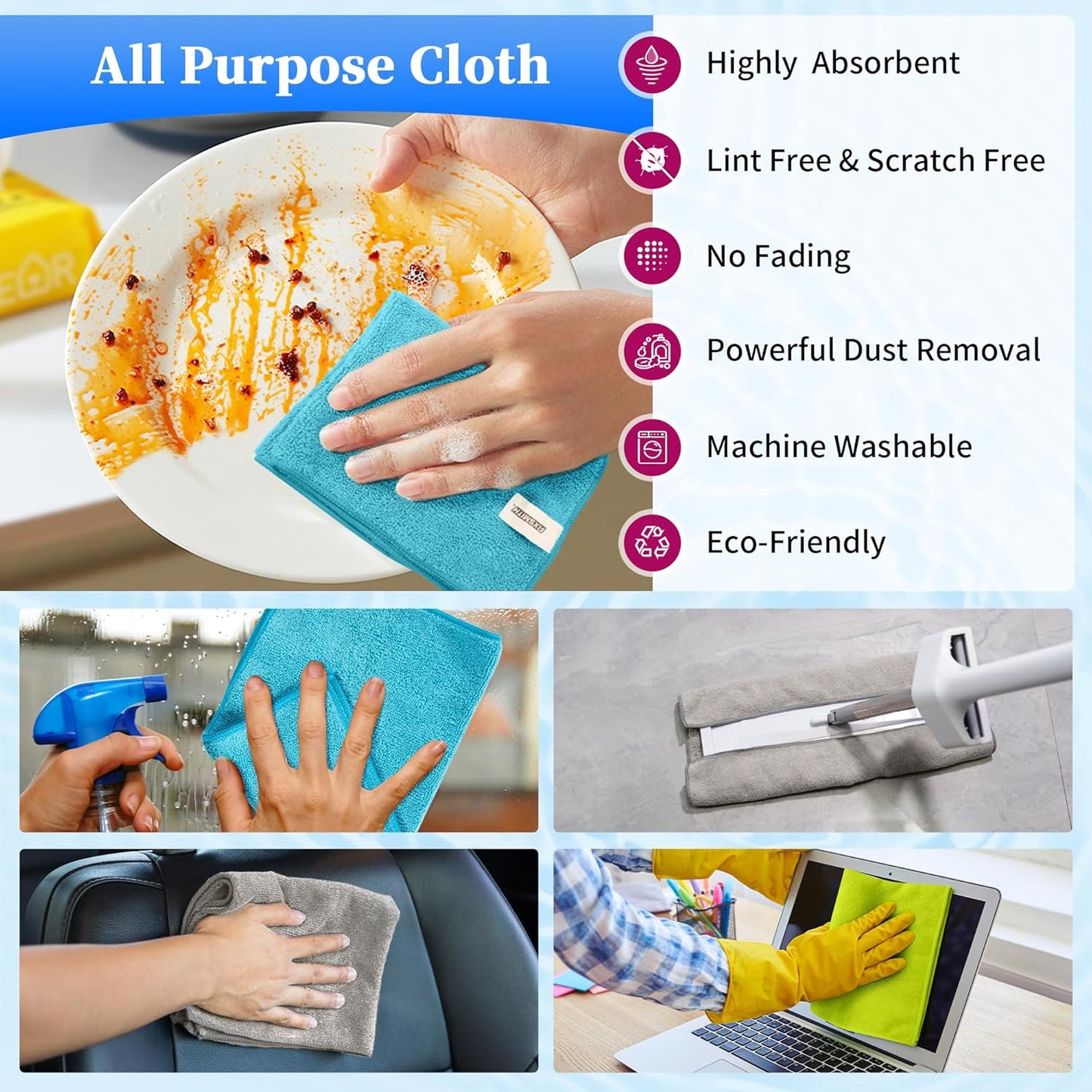 FIXSMITH Microfiber Cleaning Cloth - Pack of 8, Size: 12 x 16 in, Multi-Functional Cleaning Towels, Highly Absorbent Cleaning Rags, Lint-Free, Streak-Free Cleaning Cloths for Car Kitchen Home