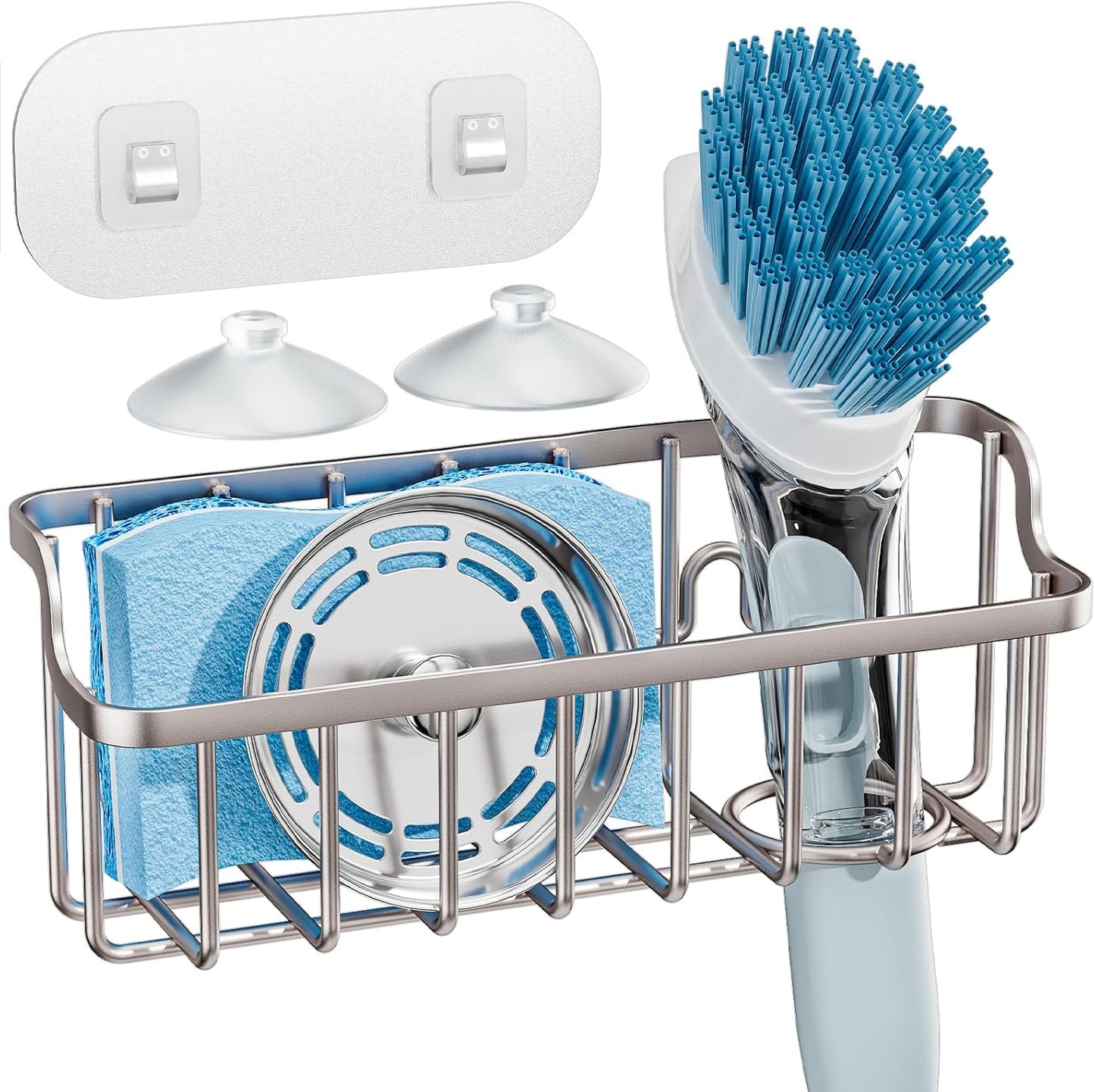 Consumest Sponge Holder Sink Caddy - Ladder Shaped Sponge Holder for Kitchen Sink with 2 Installation Ways (Suction Cups & Adhesive Hook), Rustproof Stainless Steel Kitchen Organizer, Silver