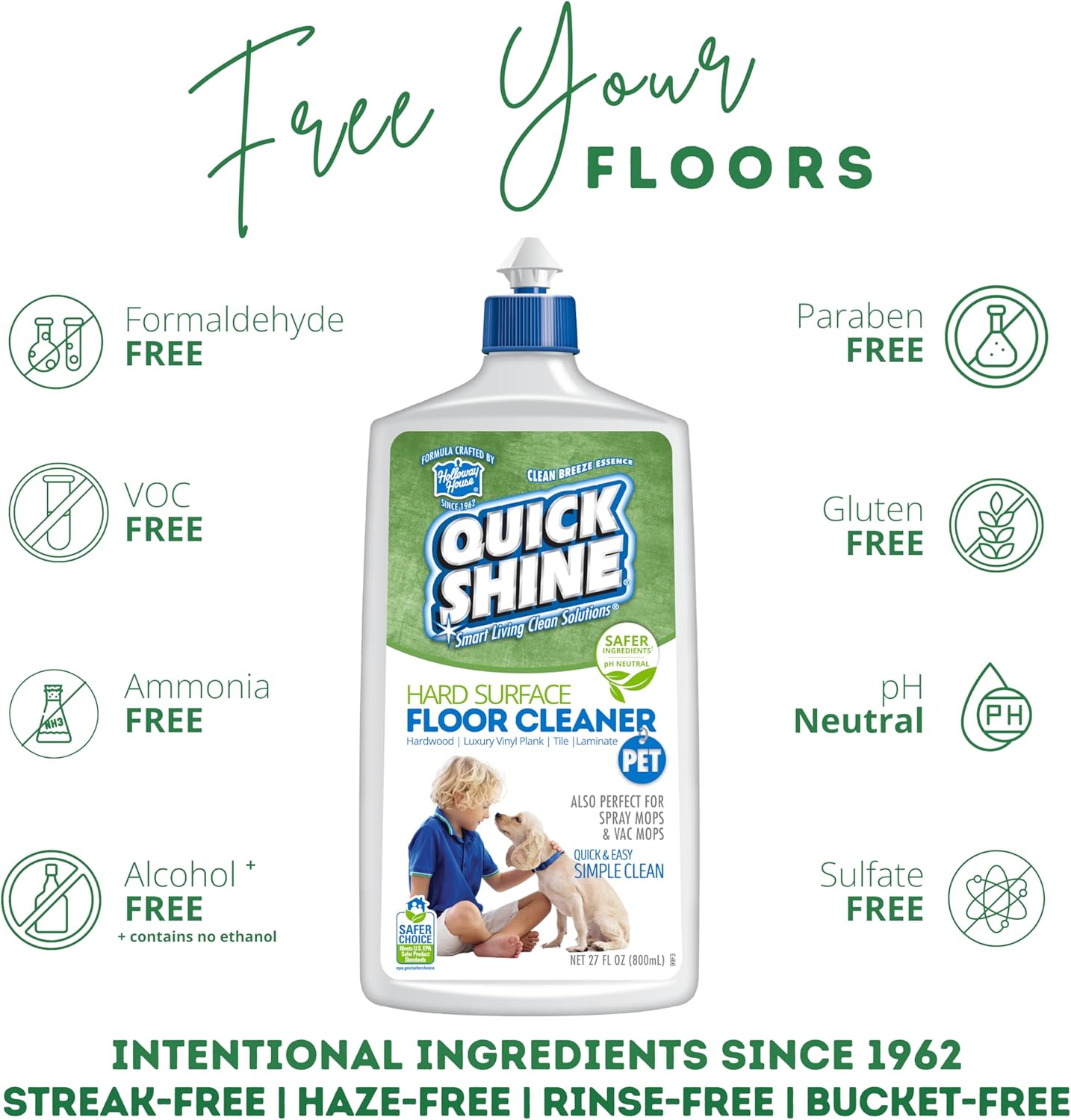 Quick Shine Hard Surface Pet Floor Cleaner 27 oz, 2Pk | Ready to Use, Removes Dirt, Streak Free, No Rinse | Hardwood, Laminate, Luxury Vinyl Plank LVT, & Tile | Safer for Kids, Pets & Our Environment