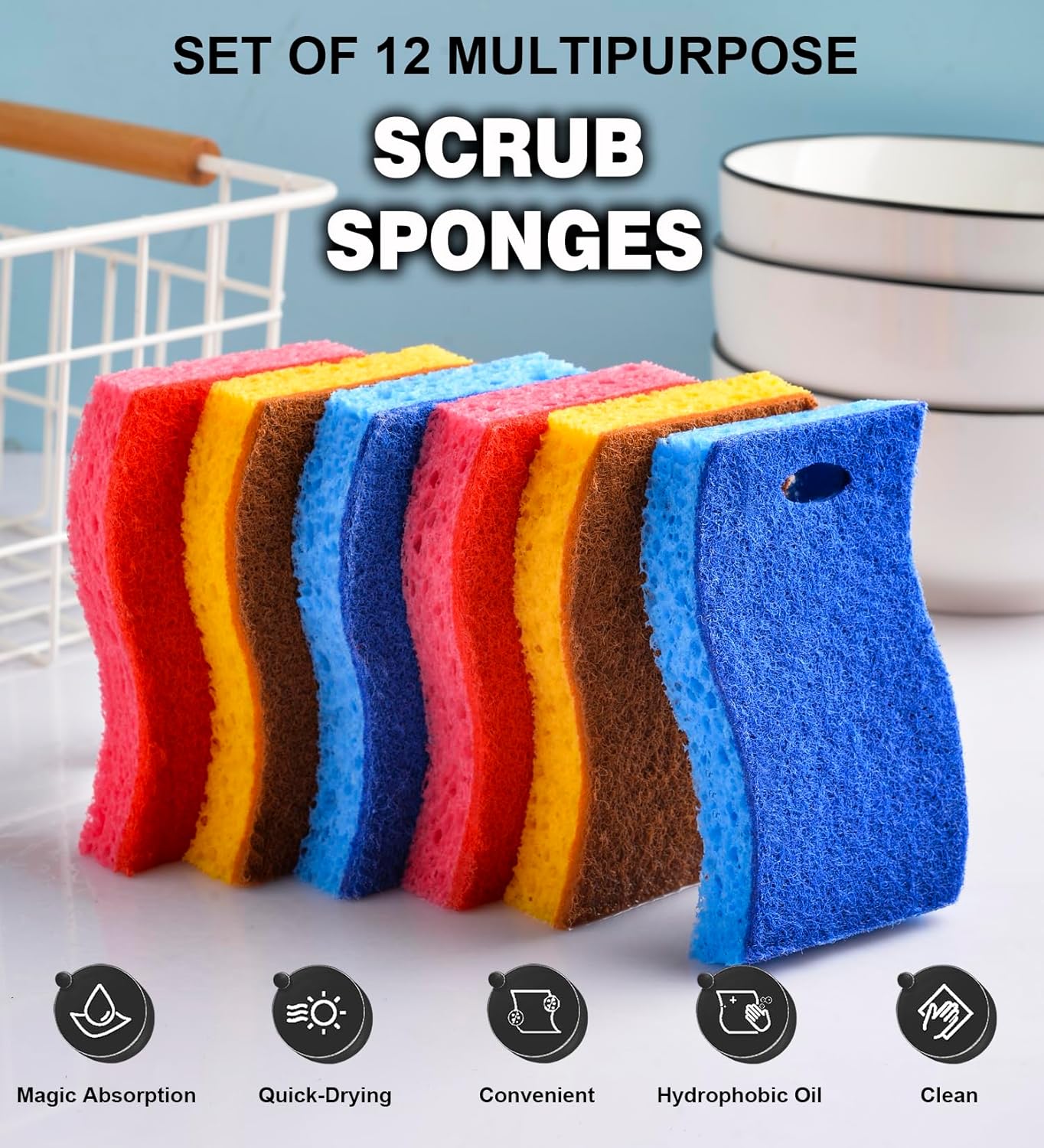 METUUTER 12-Count Scrub Sponges Kitchen Sponge Heavy Duty, Cellulose Sponges with Scouring Pads Dual-Sided for Kitchen and Household Use (Square-Blue)