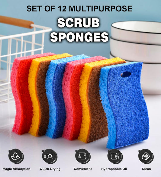 METUUTER 12-Count Scrub Sponges Kitchen Sponge Heavy Duty, Cellulose Sponges with Scouring Pads Dual-Sided for Kitchen and Household Use (Square-Blue)
