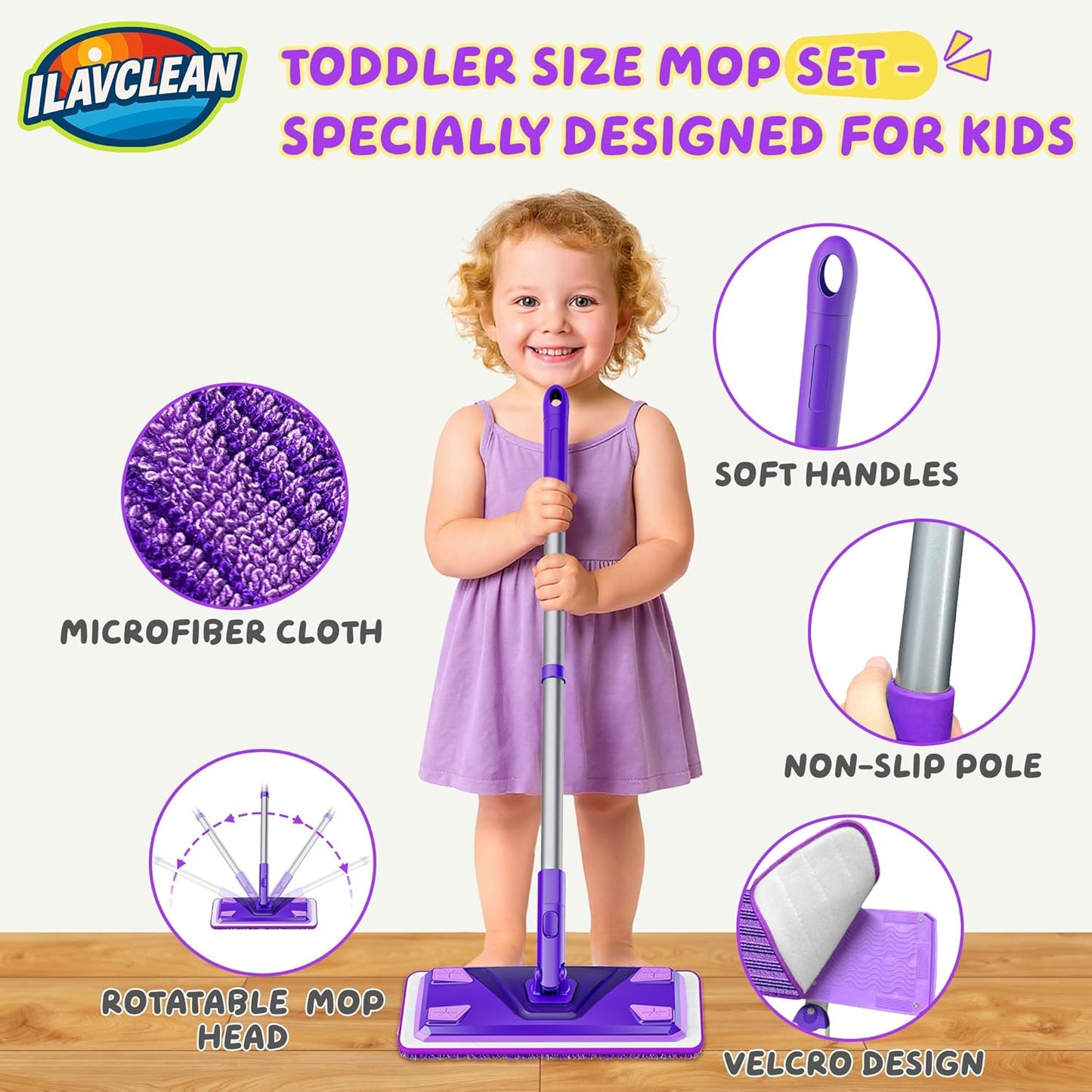2-Set Toy Mop for Kids - Toddler Real Spray Flat Floor Mop Montessori Cleaning Toy Set, Educational and Fun Gifts for Boys and Girls Ages 4+