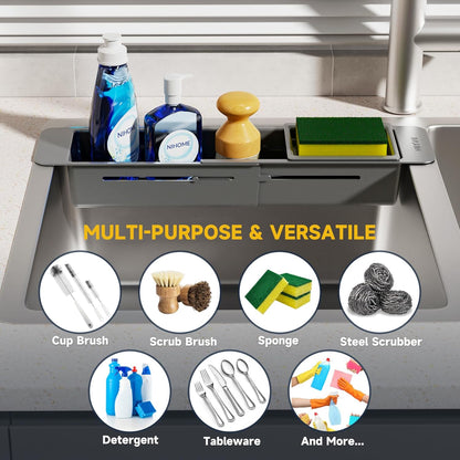 NiHome Extendable Over Sink Kitchen Organizer, Small Telescopic Brush Storage Rack for Sponge, Non-Slip Pads Expandable Sink Caddy, Adjustable Sponge/Brush Rack with Drainage Durable ABS (Black)