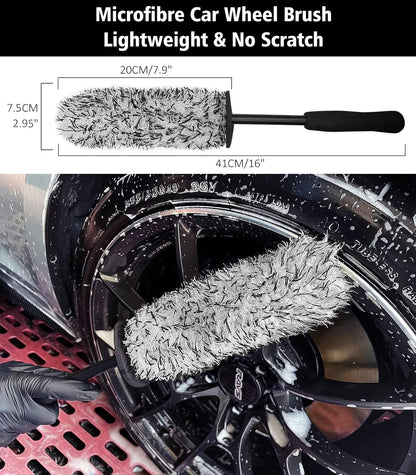 YeewayVeh 8PCS Ultimate Wheel and Tire Brush Kit | 2-Size 360° Bendable Rim Brushes, Boar Hair Detailing Brush, Tire Shine Applicators & Microfiber Towel | Complete Scratch-Free Cleaning & Shining Set