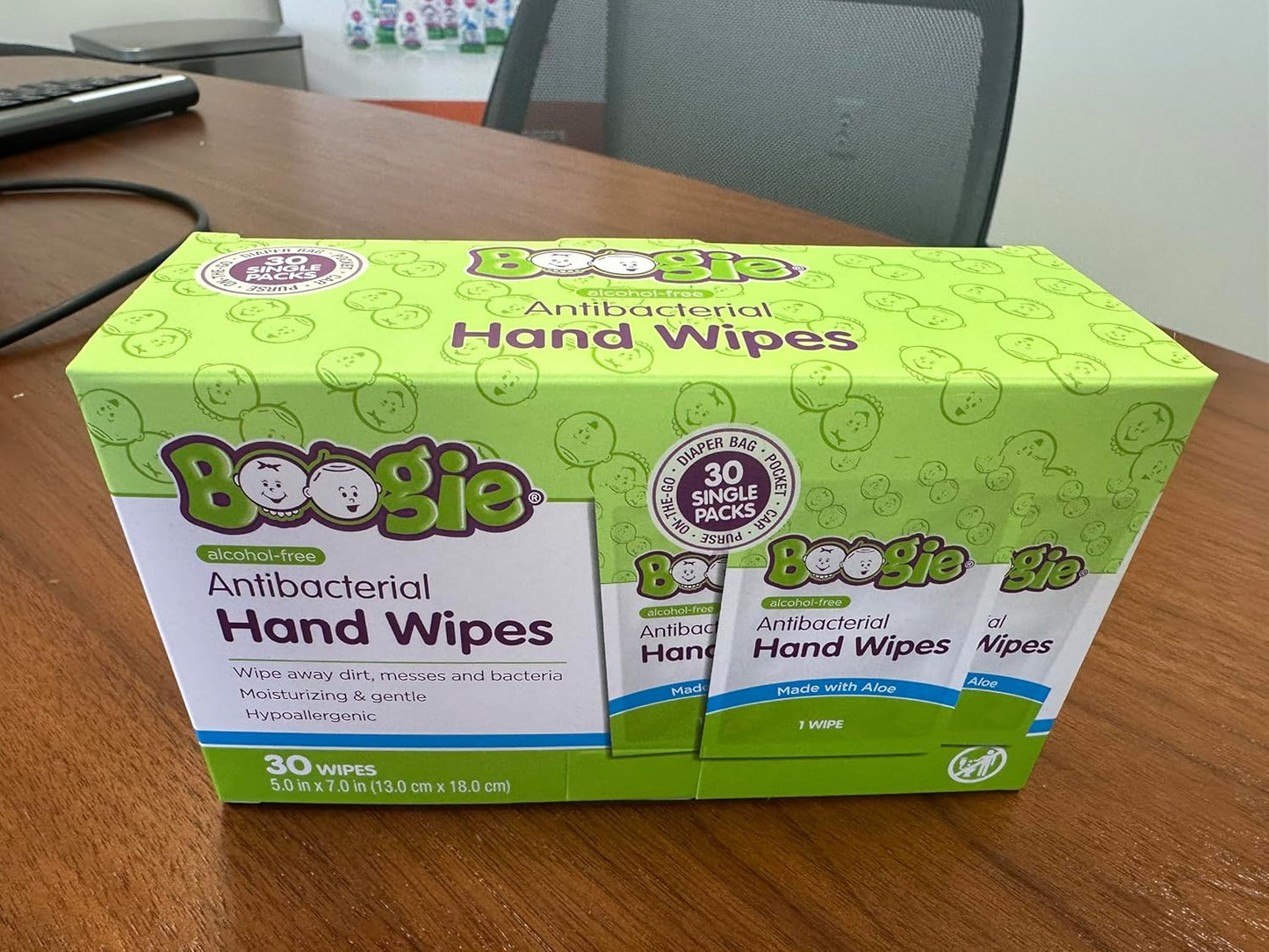Boogie Antibacterial Hand Wipes by Boogie, Alcohol Free, Hypoallergenic and Moisturizing Aloe, for Kids and Adults -100 Total Wipes (5 Packs of 20)
