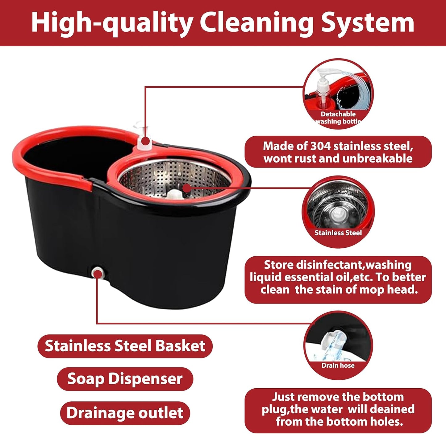 Spin Mop and Bucket with Wringer Set, 360 Spinning Mop Bucket System with 3 Microfiber Mop Replacement Heads, Mop and Bucket with Wringer Set for Home