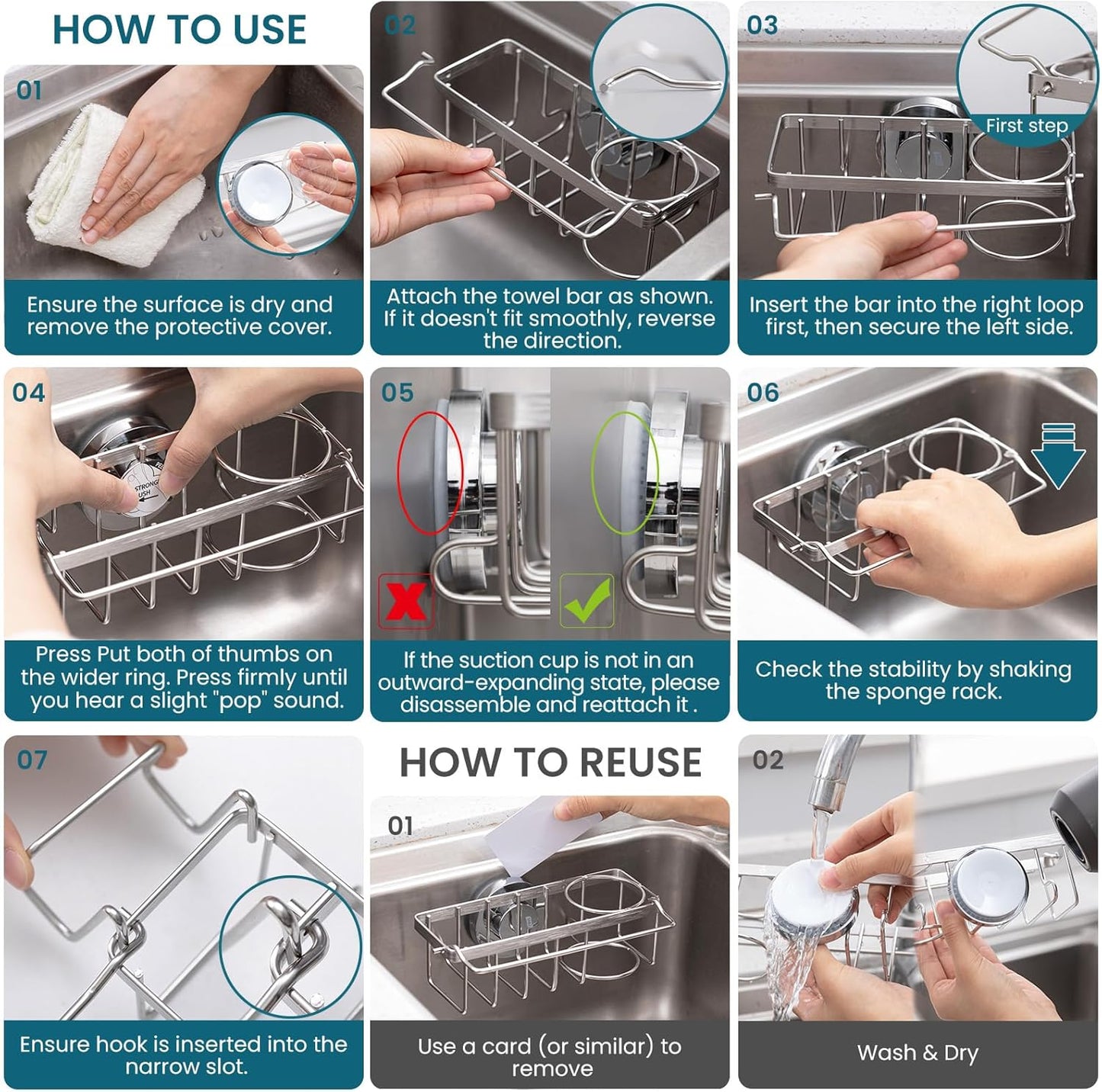 TAILI Sponge Holder for Kitchen Sink with Strong Suction Cup, Rustproof Aluminum Sink Caddy for Sponges, Removable Sponge Holder, Dish Brush for Scraper - Silver