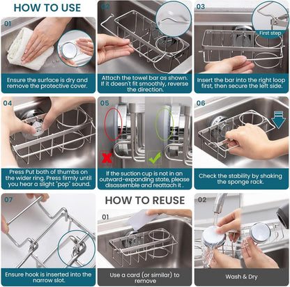 TAILI Sponge Holder for Kitchen Sink with Strong Suction Cup, Rustproof Aluminum Sink Caddy for Sponges, Removable Sponge Holder, Dish Brush for Scraper - Silver