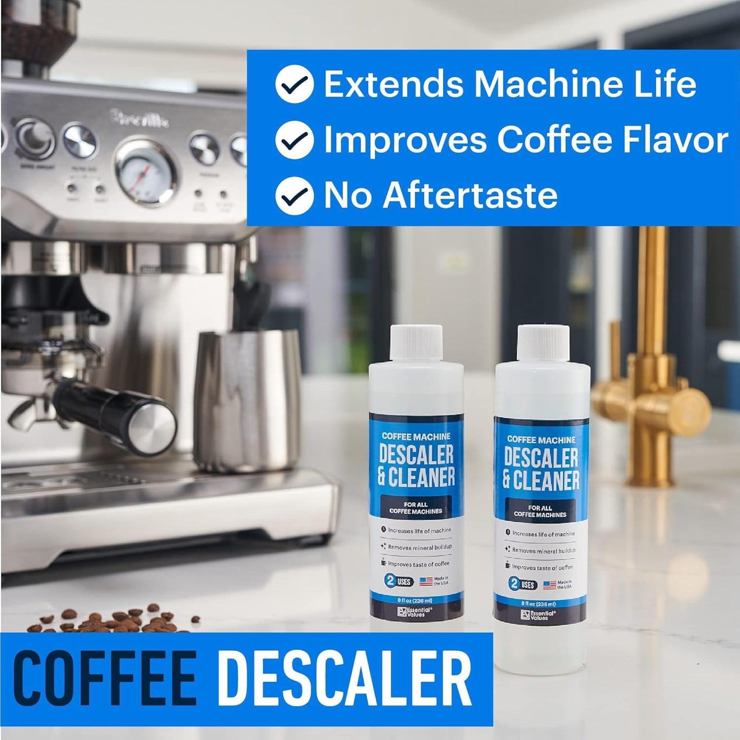 Essential Values Descaling Solution (8 fl oz / 236 ml) – Coffee Maker Cleaner for Nespresso, Keurig, Breville & More – Works on All Machines & Espresso Makers – Made in USA