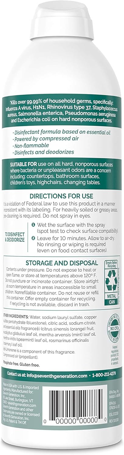 Seventh Generation Disinfecting Spray Cleaner Eucalyptus and Thyme Disinfectant 13.9 oz, Pack of 8