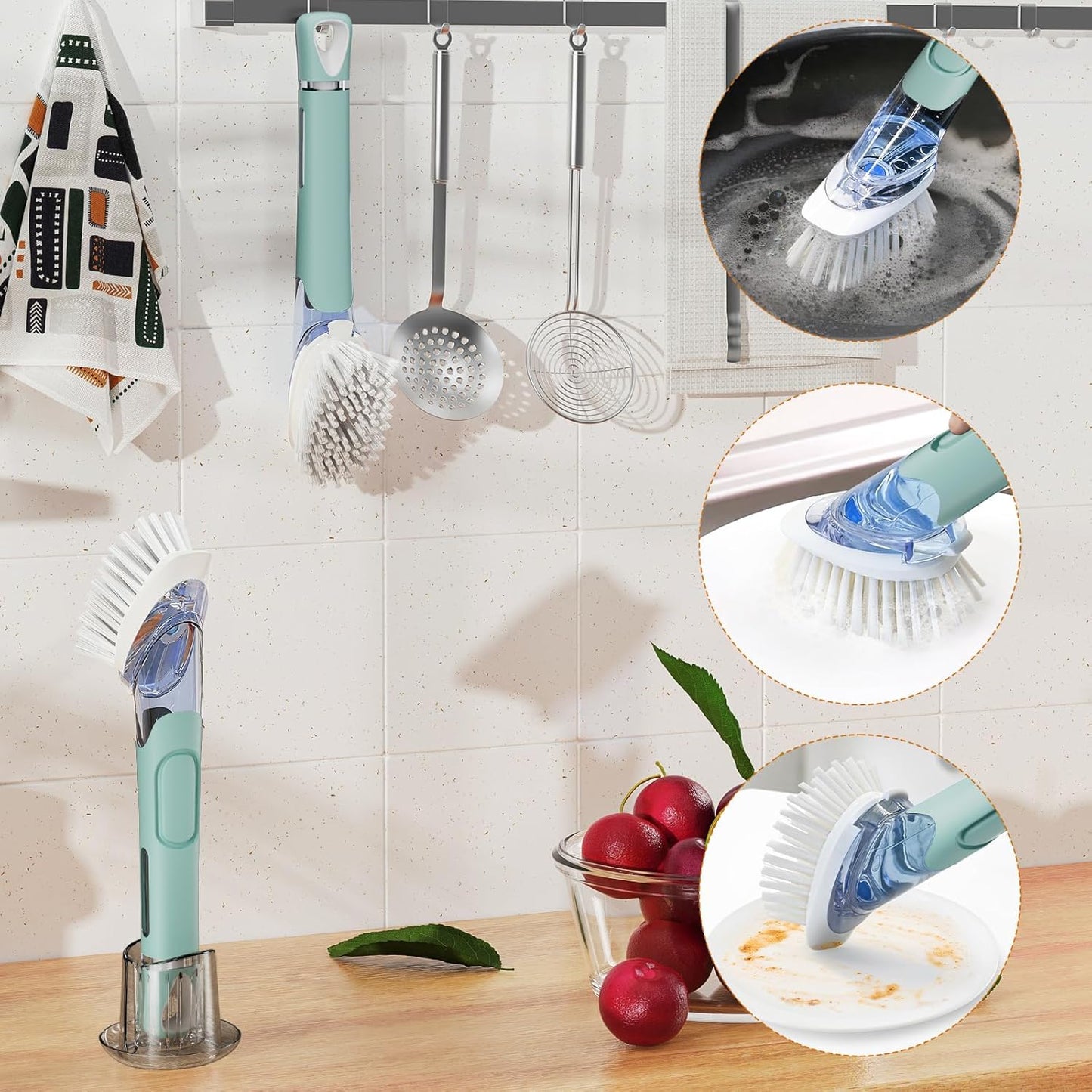 Soap Dispensing Replacement Dish Brush Storage Set with 2 PCS Brush Refills & Holder - RIMAY Dispenser Scrub Cleaning Scrubber Kitchen Dishwashing Dish Wand Handle for Dishes/Pans/Pots/Sink(Black)