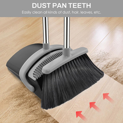 Broom and Dustpan Set for Home, 51-in Long Adjustable Handle Angle Broom and Dustpan Combo Set with Dust Pan Teeth to Clean Hair for Home Kitchen Office Lobby Floor Garden (Black&White)
