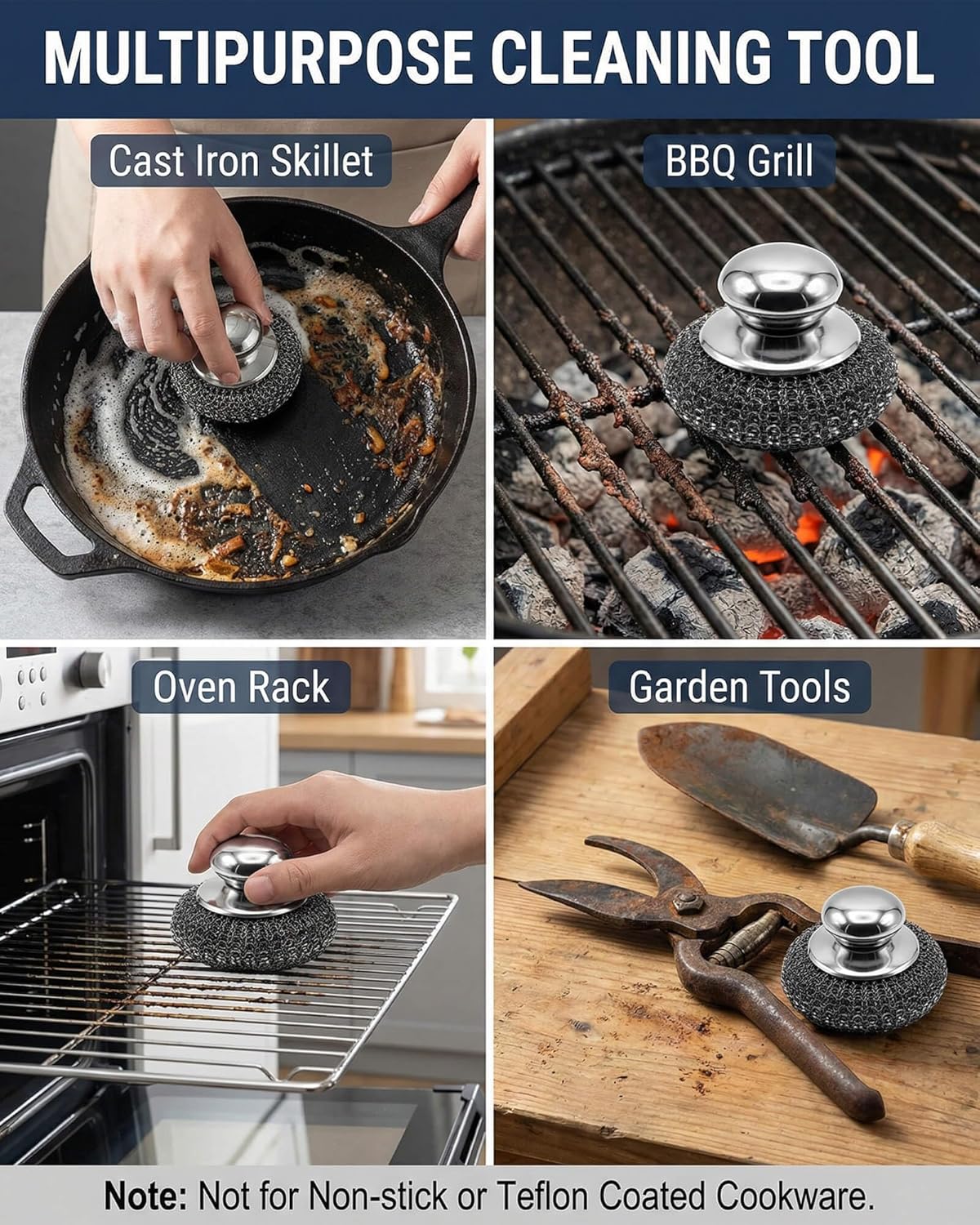 8 Pcs Steel Wool Scrubbers with 2 Pcs Handle,Stainless Steel Scouring Pads for Cast Iron Skillets, Grill & Kitchen Pots - Rust Resistant, Non-Splintering Heavy Duty for Tough Grease