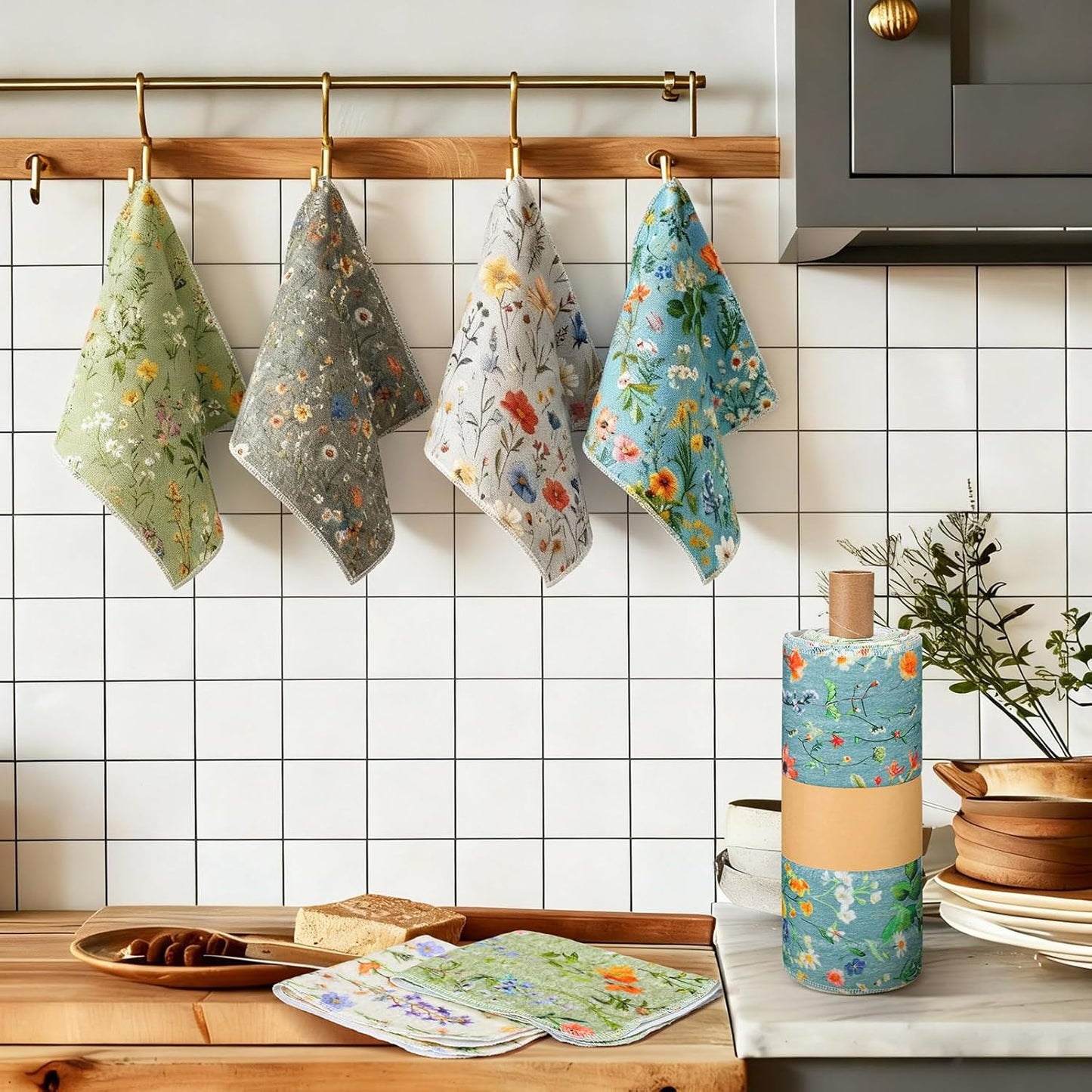 Redbaker 30 Pcs Reusable Paper Towels Rolls Kitchen Towels Bulk Washable Paperless Cloth Cotton Hand Napkins with Cardboard Reusable Napkins for Kitchen Bathroom(Floral,10 x 12 in)