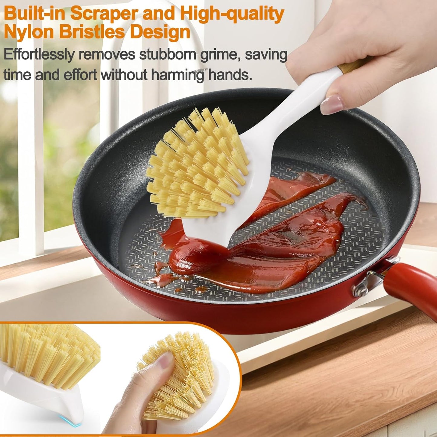 Dish Brush Set with Bamboo Handle, Kitchen Brushes for Cleaning Pot, Sink and Stove, Skillet Scrubber with Tough Bristles for Cast Iron Grill Pan, 2 Pack