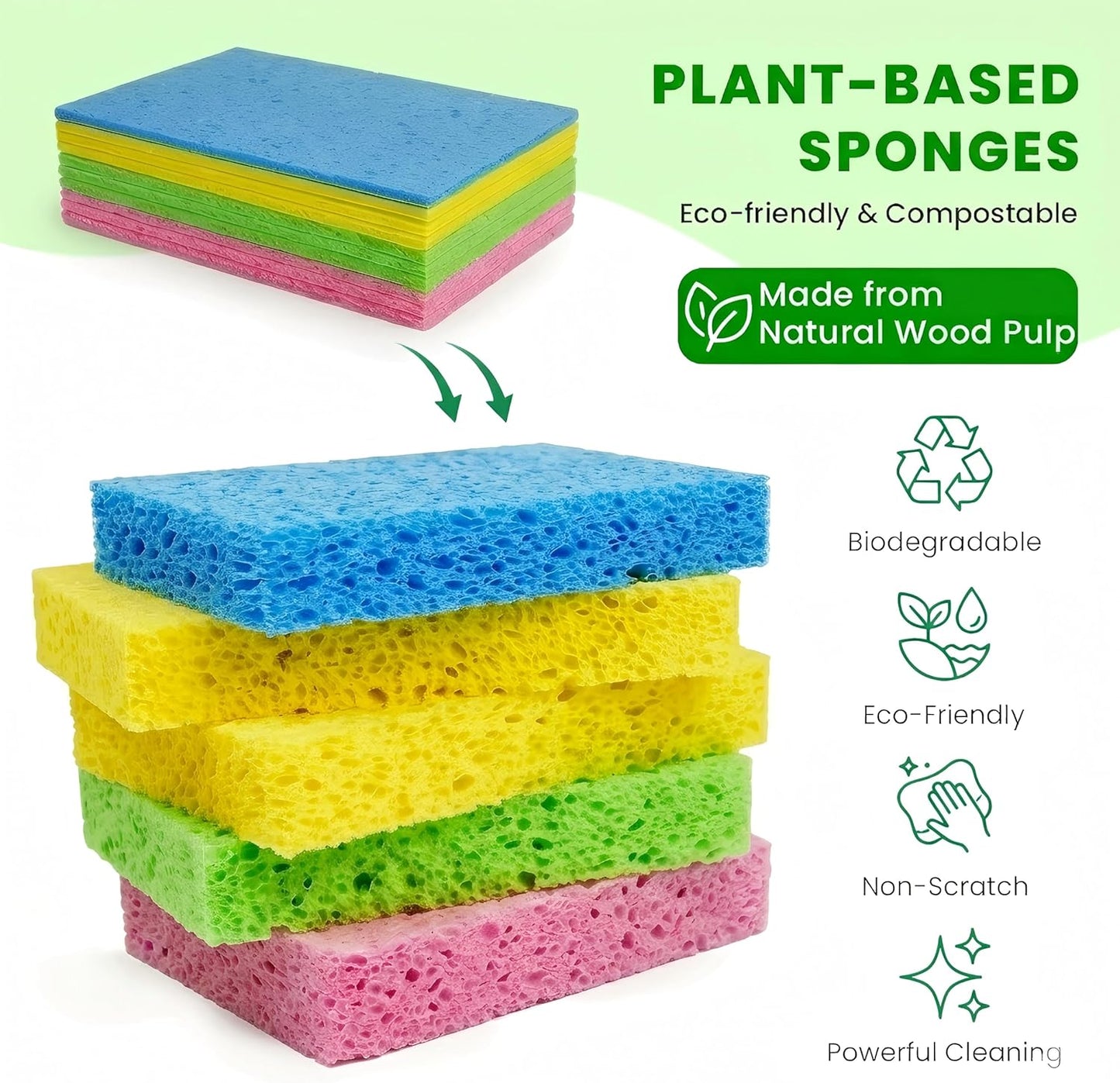 Metflavor Compressed Kitchen Sponges, 12 Count, Thick Non-Scratch Cellulose Dish Sponges, Biodegradable & Compostable, Pop-up Cleaning Sponge, 5" x 3" x 1"