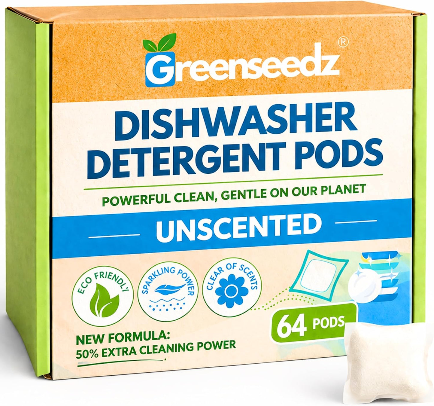 Dishwasher Detergent Pods Free & Clear, Unscented, Eco Friendly, Cuts Grease, 64 Count, Powerful Formula for Sparkling Clean Dishes, Automatic Dishwasher Safe
