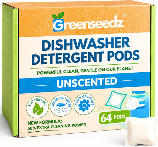 Dishwasher Detergent Pods Free & Clear, Unscented, Eco Friendly, Cuts Grease, 64 Count, Powerful Formula for Sparkling Clean Dishes, Automatic Dishwasher Safe