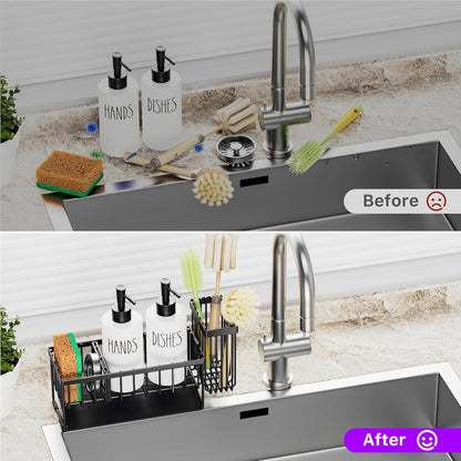 MASADI Kitchen Sink Caddy with Dish Soap Dispenser Set, 12OZ Glass Bottle, Hand and Dish Soap Dispenser Set, Non-Slip Silicone Pad, Brush Holder, Kitchen Sink Organizer Countertop (Black+Clear)