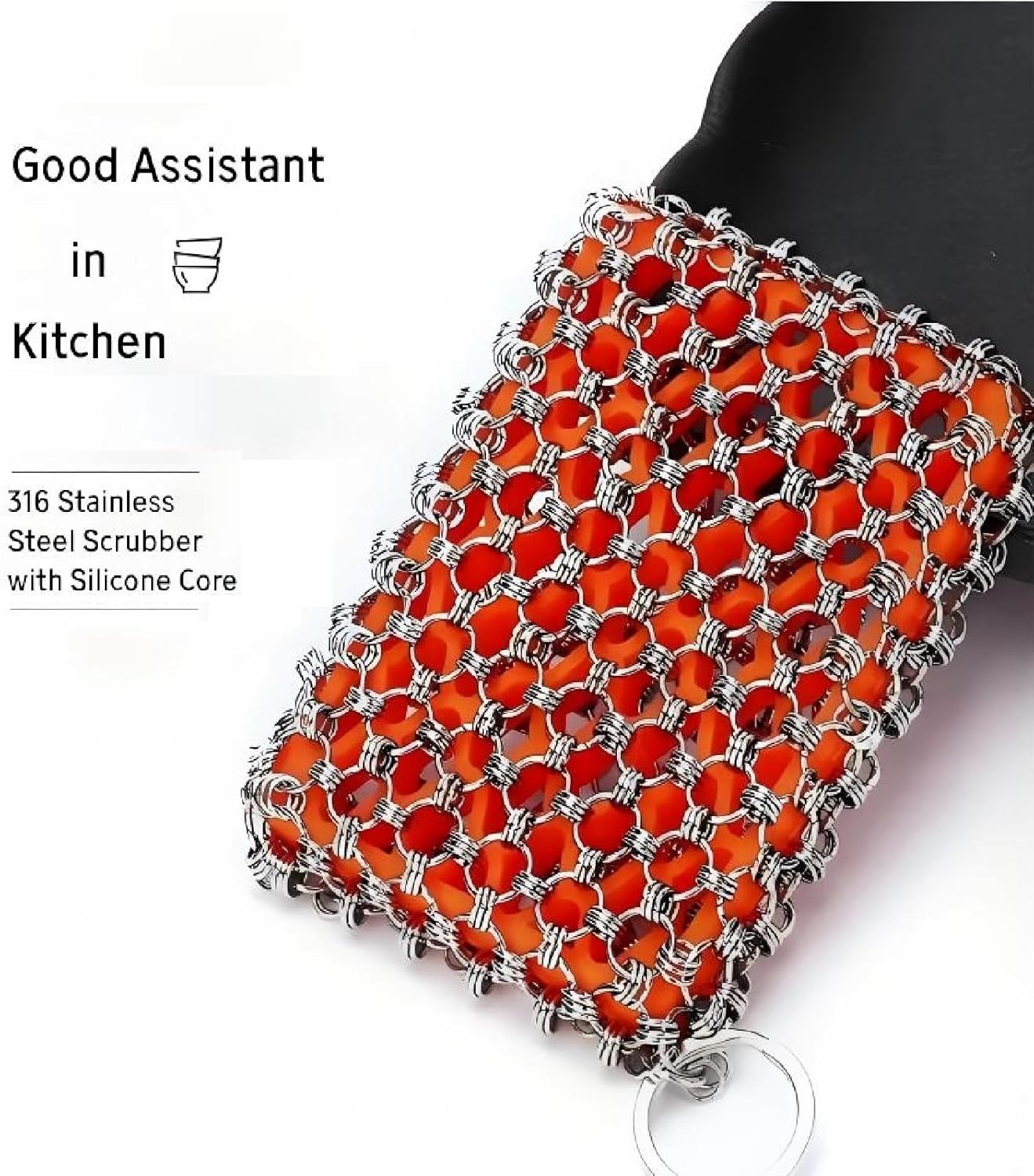 NTMY 316 Stainless Steel Pan Cleaner with Silicone Core – 4.5 Inch Dish Pot Brush,Cast Iron Scrubber, Metal Dish Scrubber,Dish Pot Brush,Chain Mail Scrubber for Oven&Grill Kitchen Cleaning Black
