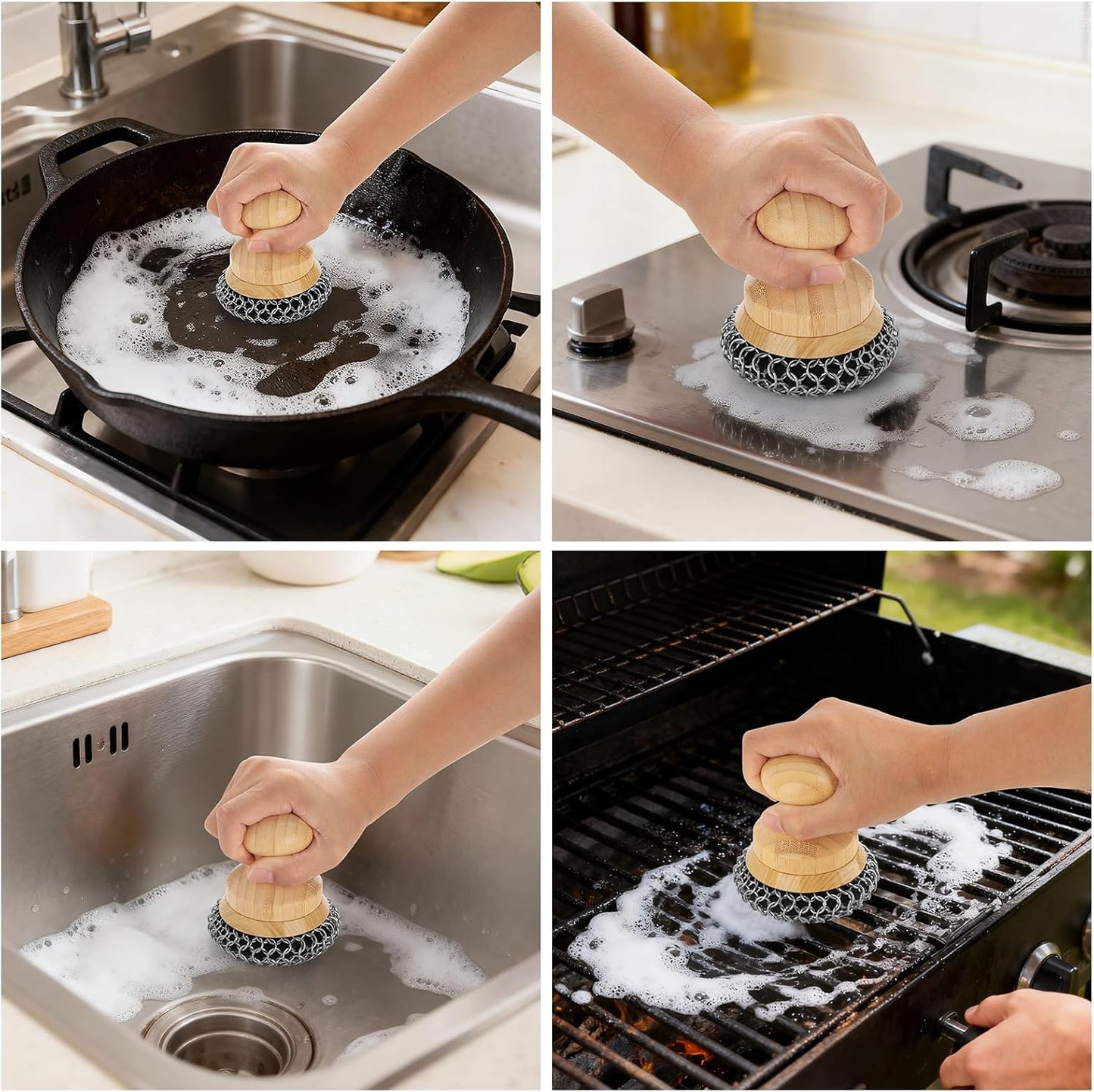 Cast Iron Scrubber and Scraper,Chain Mail Cleaner with Bamboo Handle & Draining Tray,316 Stainless Steel Brush for Cleaning Pots,Pans,Wok,Bakeware,Griddles, Grills,Dishes (Small Chain Mail)