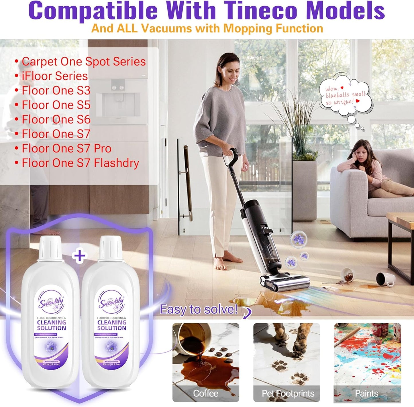 Snowlily 2 Pack Floor Cleaning Solution,Floor Cleaner for All Robot Vacuums Wet-Dry Mops,Deep Cleans Hardwood,Tile & Laminate,33.8 Fl Oz (Bluebell)