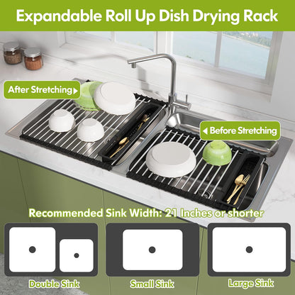 JASIWAY Dish Drying Rack in Sink, Expandable Stainless Steel Dish Drainers for Kitchen Counter, Dish Dryer Rack for Inside Sink, Over The Sink Dish Racks with Utensil Holder, Silver