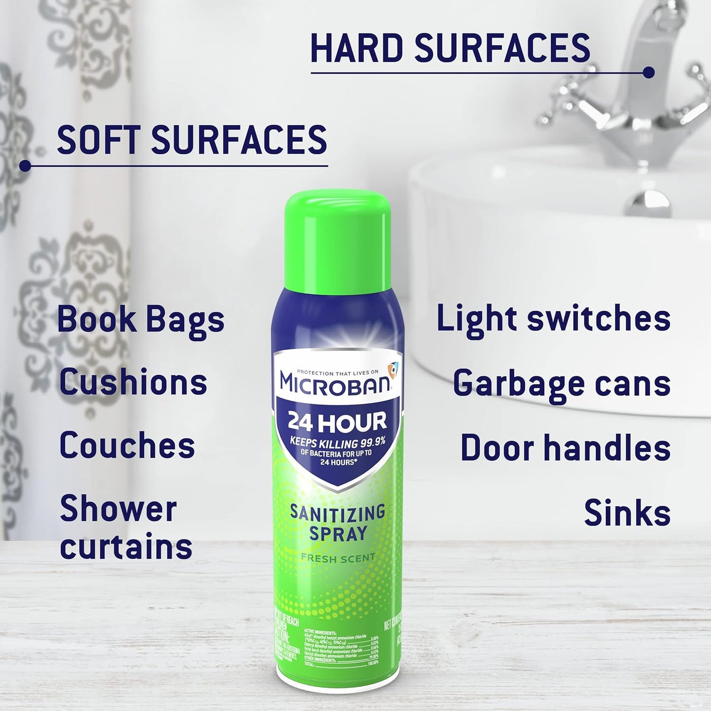 MICROBAN Sanitizing Spray, 15 oz., 2 Pack, Fresh Scent, Disinfects, Sanitizes, Eliminates Odors, and Keeps Killing 99.9% of Bacteria on Hard, Non-Porous Surfaces in Home for up to 24 Hours