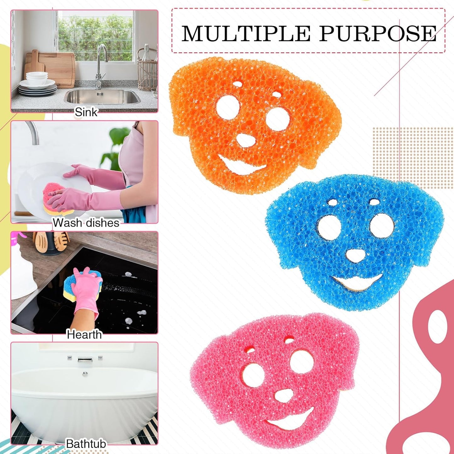 FillTouch 6 Pcs Dog Dual Sided Scrub Sponge Cleaning Sponges Cute Temperature Sensitive Dish Sponges for Washing Dishes Non Scratch Household Multi Use Sponges Scrubber for Kitchen, 3 Colors