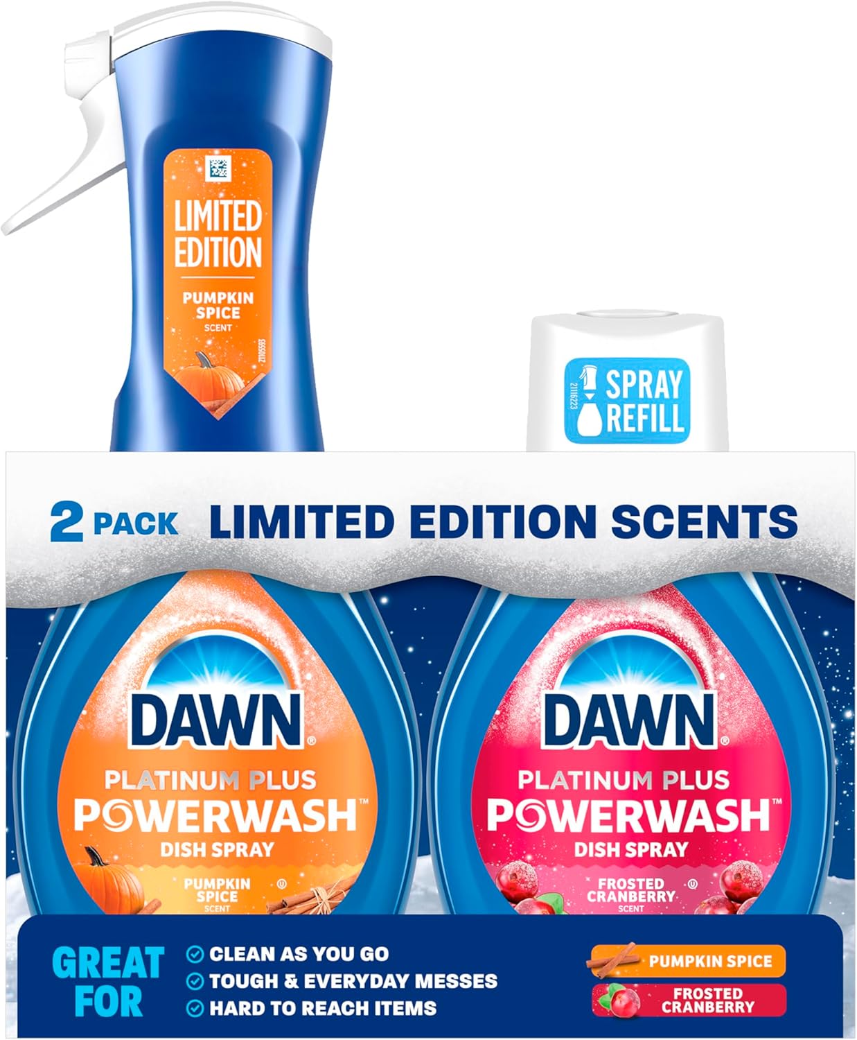Dawn Powerwash Spray, Dish Soap, Dishwashing Liquid, Pumpkin Spice + Frosted Cranberry, 1 Starter Kit + 1 Refill, 2x16 Fl Oz