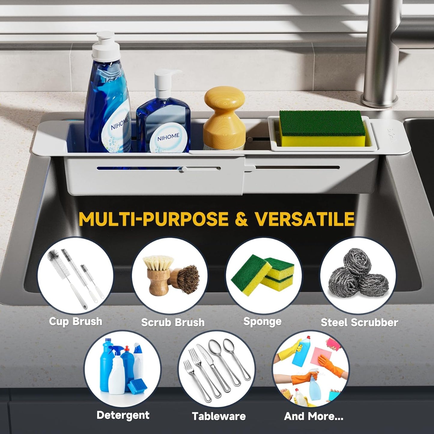 NiHome Extendable Over Sink Kitchen Organizer, Small Telescopic Brush Storage Rack for Sponge, Non-Slip Pads Expandable Sink Caddy, Adjustable Sponge/Brush Rack with Drainage Durable ABS (Black)
