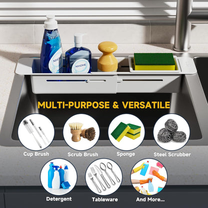 NiHome Extendable Over Sink Kitchen Organizer, Small Telescopic Brush Storage Rack for Sponge, Non-Slip Pads Expandable Sink Caddy, Adjustable Sponge/Brush Rack with Drainage Durable ABS (Black)